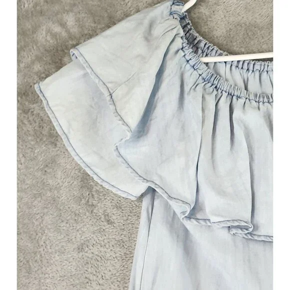 Sneak Peak Dress Womens Small Light Blue Chambray Off the Shoulder Casual Mini - Picture 9 of 11